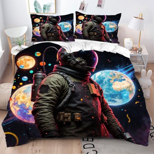 ZZXHG Bettwäsche 155x220 Astronauten-Kinder, Weiche Mikrofaser Bettbezug Set für Kinder Einzelbett, Atmungsaktiv Reißverschluss und 2 Kissenbezüge 80x80_A5164