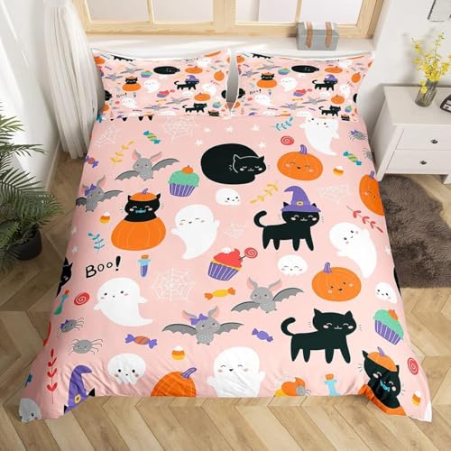 Homewish Happy Halloween Bettwäsche 155x220 Kürbis Laterne Bettbezug Gothic Bettbezug Hexenhut Geister Bettwäsche-Set für Kinder Kind Halloween Dekor Alptraum Vor Weihnachten Dekor Pink Bettwäscheset
