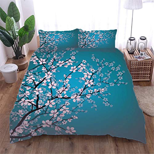 AOUAURO Bettwäsche 135x200 Kirschblüten Bettbezug Set 3D Bedruckte 3-Teiliges Polyester mit Reißverschluss 1 Bettbezug und 2 Kissenbezug 80x80cm 3 Stück Einzelbett