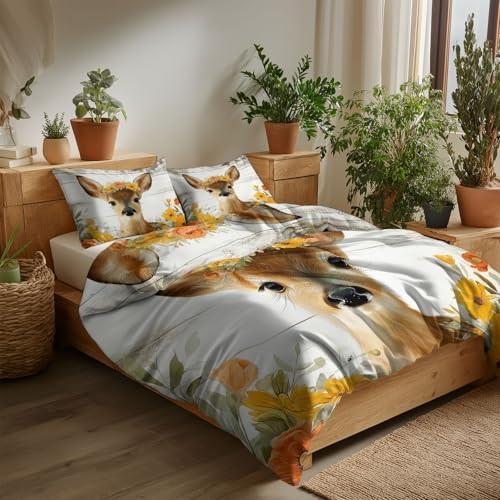 Creme Bettwäsche Set 135 x 200 cm Blumen Hirsch Tier, Wende Motiv Microfaser mit Reißverschluss Bettbezug, für Allergiker geeignet Creme Bettwäsche Set 135 x 200 cm Blumen Hirsch Tier, Wende Motiv Microfaser mit Reißverschluss Bettbezug, für Allergiker geeignet
