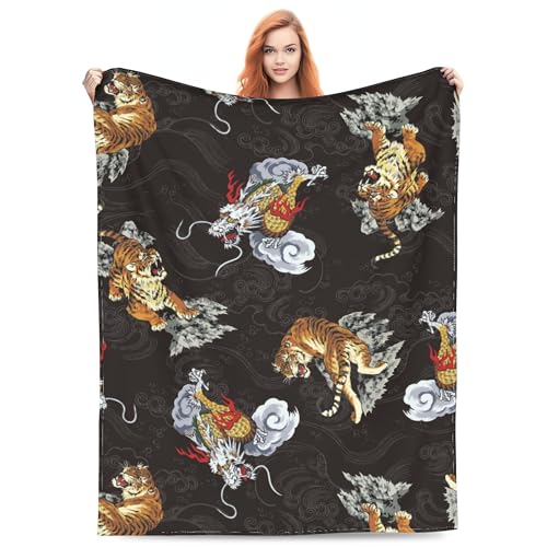 FJAUOQ Drachendecke, Geschenke für Damen, Wohnzimmer, Bettwäsche, Couch, weich, warm, leicht, gemütlich, Tier, Tiger und Drachen, Überwurf, Decken, Weihnachten, Valentinstag, Dekoration, 127 x 152,4