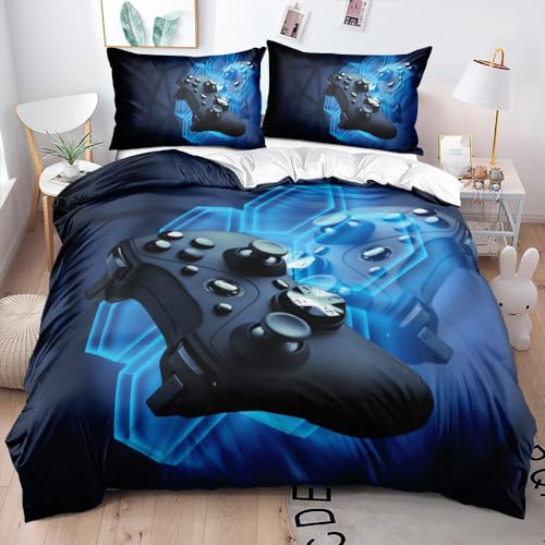 Boqingzhu Bettwäsche 135x200cm Gamer Gamepad Spiele Jungen Blau Weiß Wende Bettwäsche Set 3D Druck Microfaser Bettbezug und Kissenbezug 80x80cm mit Reißverschluss