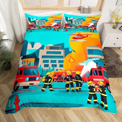 Homemissing Kinder Feuerwehr Thema Bettwäsche Set 155x220cm Jungen Mädchen Feuerwehr Bettwäsche-Set Feuerwehr Drucken Bettbezug Set Cartoon Feuerwehr Muster Schlafzimmer Dekor, Reißverschluss
