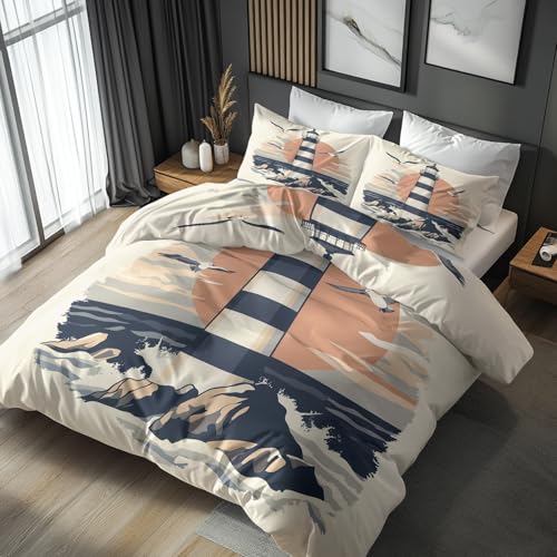 NOGAWA Bettwäsche 135x200 Leuchtturm - Nautisch Maritim Bettbezug 135x200 2er Set, Weich & Bügelfrei Mikrofaser Bettwäsche-Sets, Wendebettwäsche mit Reißverschluss und 1 Kissenbezug 80x80