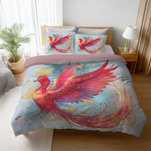 Generisch Fantasy Bettwäsche 135 x 200 cm - Golden Phönix - Weiche Winterbettwäsche - Atmungsaktiv, Warm & Hautfreundlich - Weinrot Bettbezug mit Reißverschluss & 1 Kissenbezug 80 x 80 cm