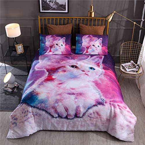 Bettwäsche für Kinder Einzelbett Bettbezug 135x200 und Kissenbezug 50x75 Galaxy Star Theme 3D Tier Katze Wolf Hund Eule Junge Mädchen Polyester (Süße Katze)