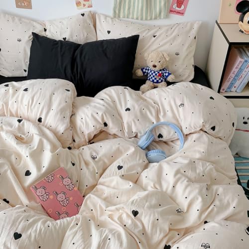 Covebett Bettwäsche 155x220 Beige Schwarz Herzen Microfaser Bettwäsche Set 2teilig Aesthetic Elegant Herz Punkte Gepunktet Mädchen Bettbezug und 1 Kissenbezug 80x80 cm mit Reißverschluss