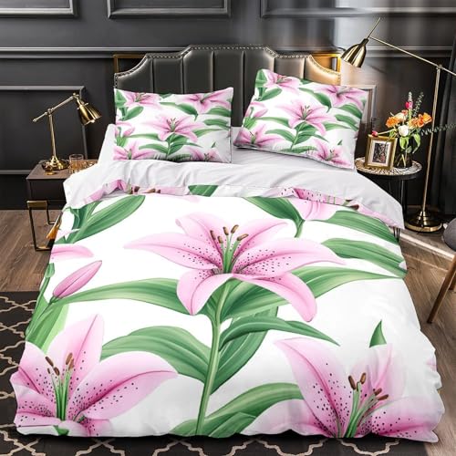 VOXYTMLWG Pink Lotus Blume Bettwäsche 3 Stück 3D-gedrucktes Botanical Bettbezug mit Reißverschluss Bequem Schlafkomfort for Erwachsene,Kinder,Männer ,Fans Single?135x200cm?