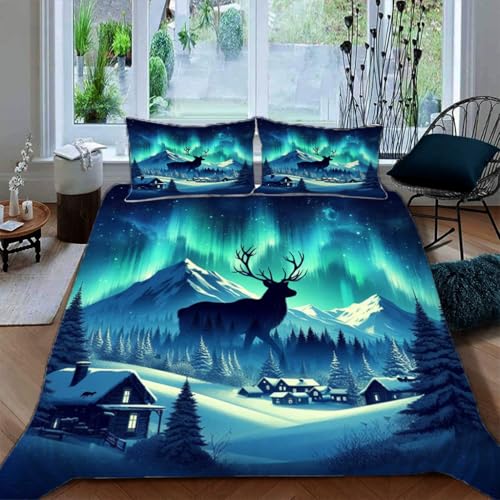 Zbeiba Bettwäsche 135x200,Bettbezug Set 3 Teilige mit 2 Kissenbezug,Hirsche auf verschneitem Berg im Wald Motiv?135x200+2 * 80x80,Sti7?