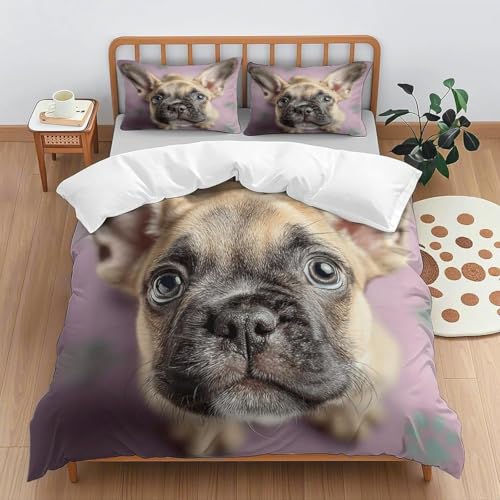 Niedlicher Mops Bettwäsche 200x200 Haustiere Bettwäsche-Sets 3D Gedruckter Bettbezug Weiche Kuschelig Mikrofaser Bettbezüge mit Reißverschluss und 2 Kissenbezüge 80x80 D-2735