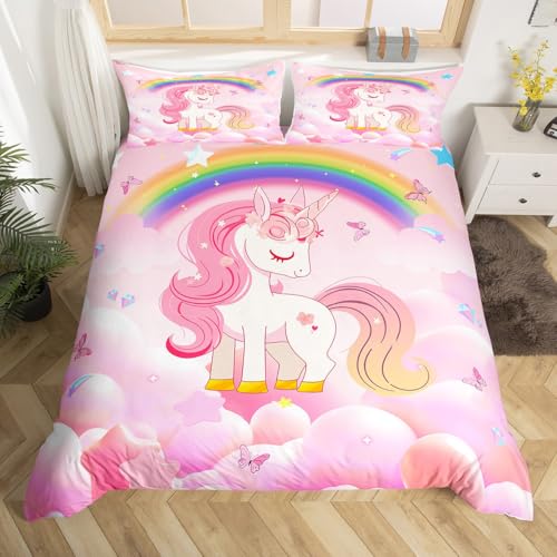 Homewish Regenbogen Fantasie Einhorn Bettwäsche Cartoon Bunte Diamanten Sterne Schmetterling Deckenbezug 135x200 Nette Tiere Pferd Thema Bettbezug Aesthetics Romantische Prinzessin Mädchen Bettset