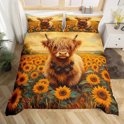 Highland Kuh und Sonnenblumen Bettbezug,Rustikale Bauernhaus Kühe Drucken Bettwäsche Set 135x200,Niedliche Kuh Geschenke für Mädchen Kinder Erwachsene,Sonnenblumen Dekor Bauerntier Tröster Abdeckung