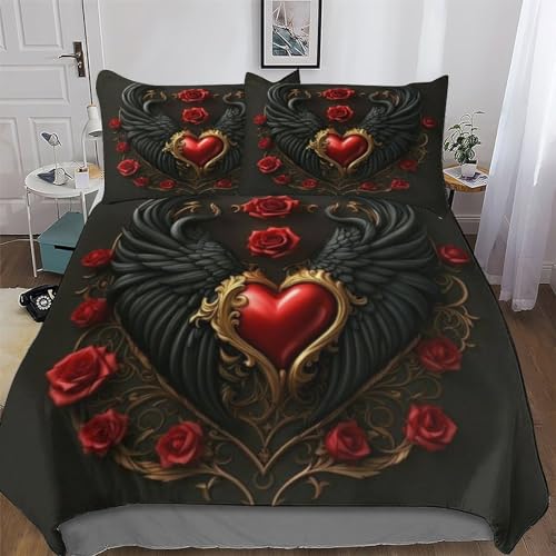 LLLBBB Valentine's Day Rose Bettwäsche - Bettbezüge Aus Atmungsaktivem Mikrofaser, Superweiches Bettbezug Set 3 Teilig Mit Kissenbezug Double (200x200cm)