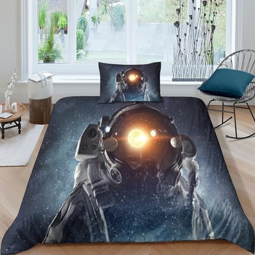 WXMMoney Weltraum-Astronauten-Bett wäscheset für Kinder, 3D-Bettwäscheset, manuelle Anpassung, Bettbezug für Jungen, Mädchen, Teenager, Jugendliche, dekorativer Bettbezug, Einzelbett (135 x 200 cm)