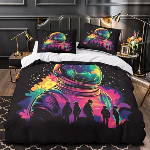 MQBASHIRP Astronauten-Weltraumleuch ten 3D Bedruckt Bettdeckenbezug 3teilig Mikrofaser Abriebfest Neon kosmisch Bettbezug 2 Kissenbezüge Reißverschluss Erwachsene Familie Super King?260x220cm?