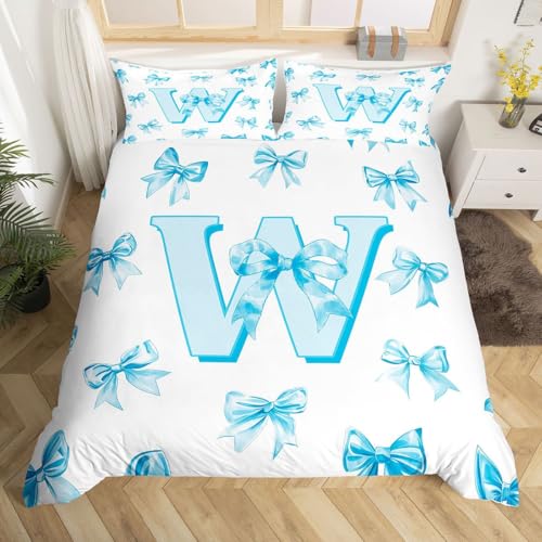 Homewish Träumige Prinzessin Bowknot Bettwäsche 155x220 Blau Anfangsbuchstabe W Bettbezug Niedliche Kawaii Buchstabe Bogen Bettwäsche Kinder Mädchen Romantische Kokette Bowknot Bettset 1 Kissenbezug