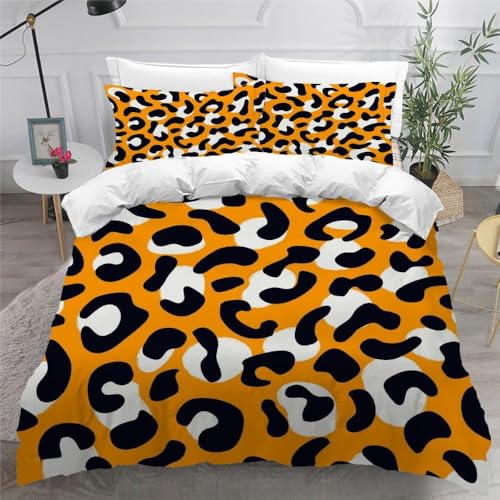 Bettwäsche 140x200 Leoparden Muster Bettbezug 3D Druck Orange Schwarz Bettbezüge Kuschelig Weich Mikrofaser Deckenbezug 140x200 mit Reißverschluss + 2 Kissenbezüge 80x80 cm C-5141