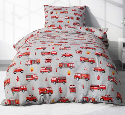 Heubergshop 2 teilige Renforcé Bettwäsche 135x200cm und 80x80cm - Feuerwehr grau rot - Kinderbettwäsche aus 100% Baumwolle, Kinder (EW-Feuerwehr-135x200)