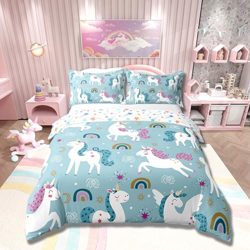 Loussiesd Cartoon Einhorn Bettbezug 135x200cm Mädchen Einhorn für Kinder Bettwäsche Liebesmuster Regenbogen Betten Prinzessin Stil Betten Bunte Streifen Bettwäsche-Set Weich
