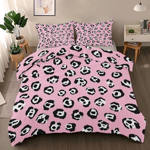 Süßer Leopard Bettwäsche Set, Geometrisch Bettbezug Set Wendebettwäsche 200x200 cm, Kinder Frauen Mikrofaser 3 teilig mit 2 Kissenbezügen, Weich Leopard Mal Bettbezug