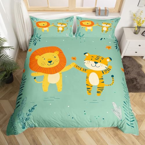 Loussiesd Tiger und Löwe Druck Bettwäsche Set 135x200cm Zoo Tiere Bettbezug Set für Kinder Jugendliche Weiche Mikrofaser Schlafzimmer Dekor Nette Tier Löwe Tiger Bettwäsche-Set mit Reißverschluss
