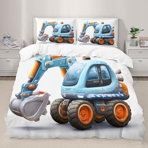 Generisch Cartoon Bagger Bettbezug Blaues Baufahrzeug Bettwäsche-Set LKWs und Traktoren Bettwäsche-Set Niedliches Kinderspielzeug Bettdeckenbezug mit Kissenbezügen