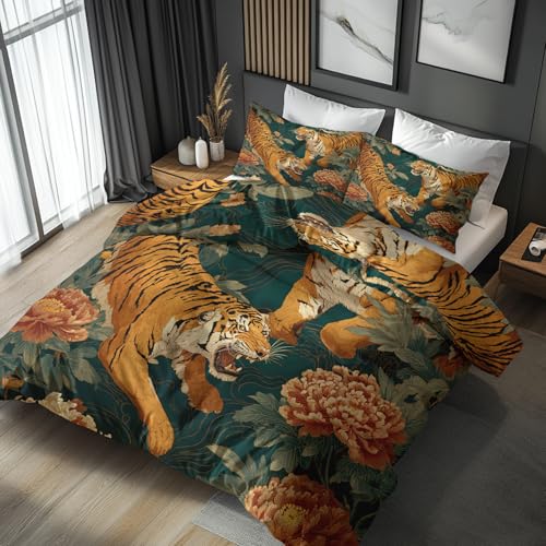 Generisch Bettwäsche Tiger 135x200, Chrysanthemen Tiere Motiv Wendebettwäsche & Deko, Weiche Microfaser Bettbezug mit Reißverschluss und 1 Kissenbezug 80x80, 2tlg - ASD14525