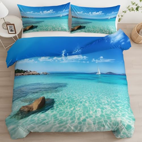 Quixora Doppelbett Türkis Meer Bettwäsche-Set 200 x 200 cm mit 2 Kopfkissenbezügen 80x80 cm, Mikrofaser Wendbares Muster- Kinder- und Babybettwäsche mit Reißverschluss