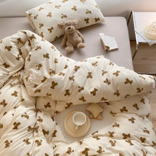Lanqinglv Bettwäsche 135x200 cm Bärchen Braun Beige,Aesthetic Kinder Bettwäsche Bär Muster aus Microfaser,Wendebettwäsc he Allergiker Bettbezug und 1 Kissenbezug 80x80 cm