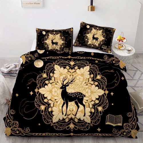 NYSMGS Bettwäsche 155x220 Hirsche Blumen, Weich Bügelfrei Mikrofaser Bettbezug, Schwarz Gold Muster Schlafzimmer Deko Bettwäsche-Sets mit Reißverschluss, 2 Kissenbezug 80x80 sn632