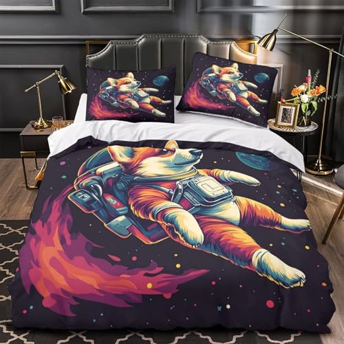 VWENOLRIX Corgi-Astronaut 3D Bedruckt Bettdeckenbezug 3teilig Mikrofaser leichtgewichtig Weltraumabenteuer Bettbezug 2 Kissenbezüge atmungsaktiv Jungen Mädchen Single (135x200cm)
