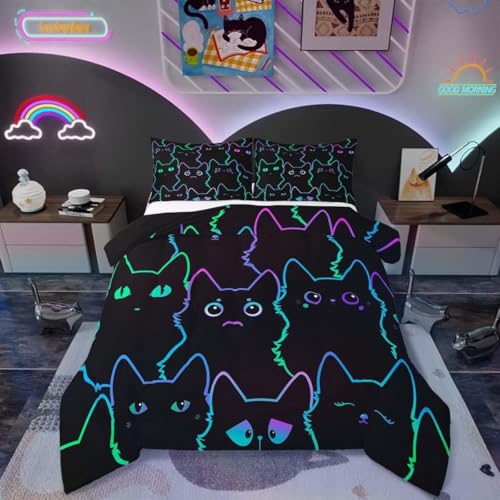 Homewish Cartoon Katzen Bettwäsche Katze 135x200 Kinder, Niedliches Tier Bettbezug für Jungen Mädchen Teenager, Farbverlauf Neon Schwarz Katzenmuster Aquarell Haustier Kätzchen Zimmer Dekor 2-Teilig