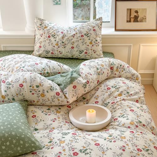 Covebett Bettwäsche Baumwolle 135x200 Bunt Blümchen Grün Blumen Klein Geblümt Muster Bettbezug Set Aesthetic Botanisch Blumenwiese Blumenmuster Deckenbezug Reißverschluss und Kissenbezug 80x80cm