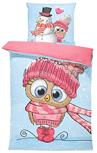 one-home Winter Bettwäsche 135x200 cm Schneemann Eule rosa hell blau Flausch Thermofleece