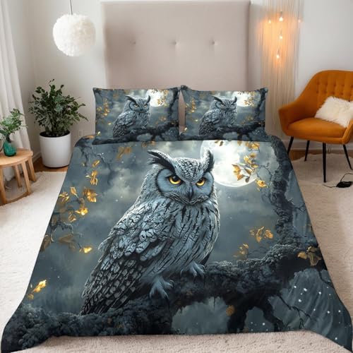 Generisch Bettwäsche 155x220 Eule Bettbezug 155x220 & 2 Kissenbezügen, Eule Auf Einem AST Mit Sternenhimmel Bettbezug Set Microfaser Bettdeckenbezug mit Reißverschluss und 2 Kissenbezug 80x80cm