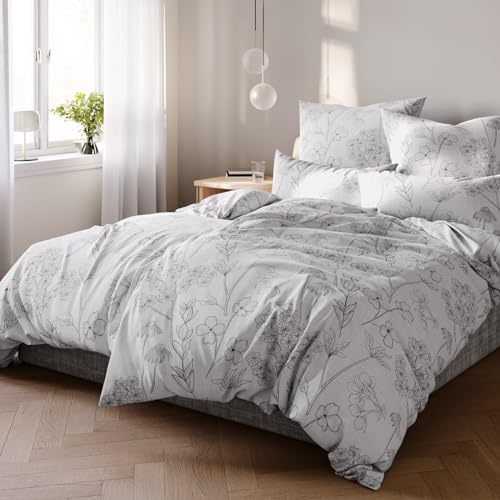 Pure Label Blumen Bettwäsche 4teilig einem 2er Set Kissenbezüge 80x80   Traumhaft weiches Bettwäsche Sets 135 x 200 in grau aus 100% Baumwolle YKK Reißverschluss