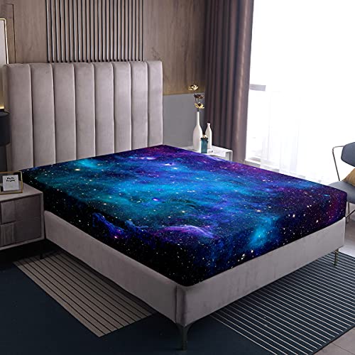 Galaxis Serie Spannbetttuch Blau Lila Sternenhimmel Bedrucktes Dekor Bettwäsche-Sets für Frauen Teenager-Jungen Universum Weltraum-Thema Spannbetttücher Nebel Galaxis-Bettwäsche-Dekor -Set, 90x200