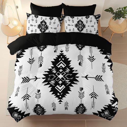 Bettwäsche 200 x 200 cm 3 teilig, Geometrisch Stammes Pfeile Bedrucktes Weiche Atmungsaktiv Mikrofaser Schwarz Reversibel Bettbezug mit Reißverschluss, Für Teenager Kinder Bettbezug
