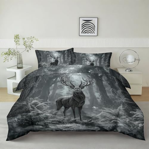 Srigzcaly Bettwäsche 240x220cm Fantasie Magischer Wald Hirsch, GrauWende Bettwäsche Set 3D Druck Microfaser Bettbezug und 2 Kissenbezug 80x80cm mit Reißverschluss - Bettdecke Set Schlafzimmer Dekor