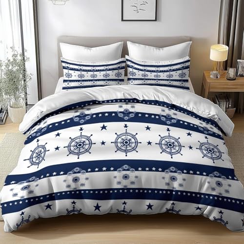 CCZM Kompass Bettwäsche 135x200 Anker-Muster - Bettbezug 135 x 200 Ozean mit 2 Kissenbezüge 80x80 cm, Nautisch Wendebettwäsche, Microfaser Bettwäsche mit Reißverschluss, E-880