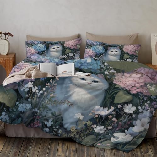 Hortensie Katze Bettbezug Set 200 x 200 cm, Frischer Landhausstil Bettwäsche-Sets 3 Teilig Weiche Mikrofaser Bettbezug Mit Reißverschluss Und 2 Kissenbezügen