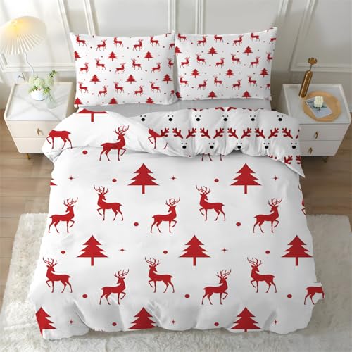 PNHCL Weihnachten Bettbezug 135 x 200 Elch Bettwäsche Set mit 2 Kissenbezüge 80x80 Cartoon Rot Weich Bügelfrei Deckenbezug für Kinder Jungen Mädchen Raumdekoration H&440