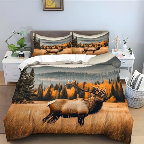 Bettwäsche 200x200 für Elch,Herbst Bettbezug 3 Teilig, Mikrofaser 200x200 Bettwäsche Set Weicher Atmungsaktive, Bettbezüge mit Reißverschluss Schließung und 2 Kissenbezug 80x80 cm-braun A252