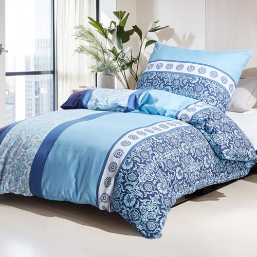 KACEMOO Bettwäsche 135x200 2teilig Oeko-TEX Zertifiziert, Extraweiches Blau Bettwäsche-Sets für Microfaser Elegant Blumen Bettbezug mit Kissenbezug 80x80cm, Blau Blumen Muster
