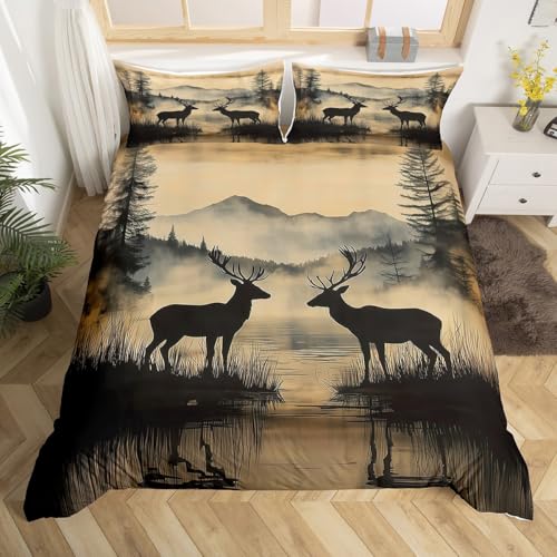 Homewish Rustikale Hirsch Bettbezug 155x220 für Kinder Teenager Erwachsene,Waldtier Jagd Motiv Bettwäsche Natur See Landschaft Landhaus Hütten Bettwäscheset Schwarz Wendbar Moderne Schlafzimmer Dekor