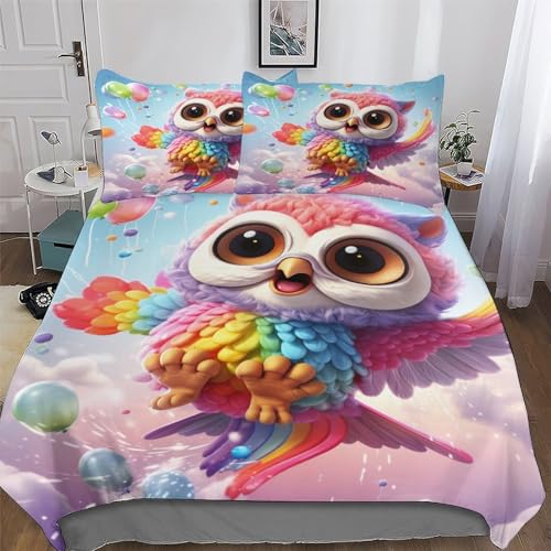 AAPZY Cute Eule Bettwäsche Für Jungen Mädchen 3D Deckenbezug Set 2 teilig Bettbezüge Atmungsaktive Mikrofaser Bettbezug Mit Reißverschluss Und Kissenbezug Single (135x200cm)