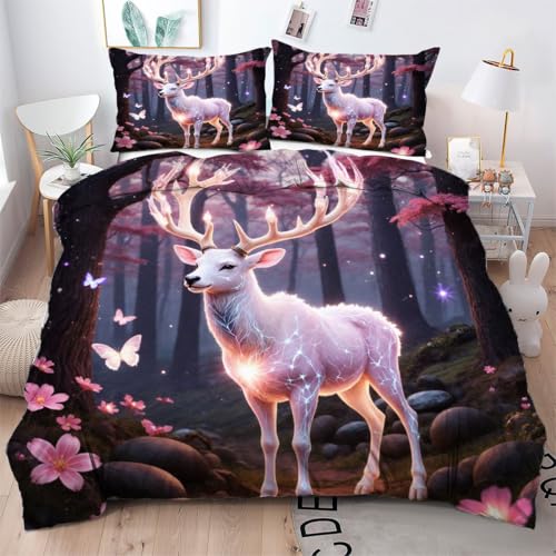 Gumntun Bettwäsche 135×200 cm Weißes Tier Elch, 3D-Gedruckt Microfaser Bettbezug-Set mit Reißverschluss, Maschinen Waschbar & Einfach zu Pflegen Bettdeckenbezüg für Schlafzimmer_B1292