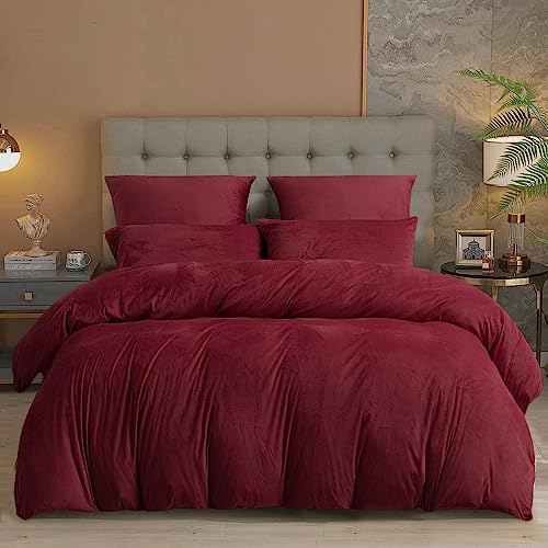Damier Warme Winter Bettwäsche 135x200cm 4 teilig Rot Weinrot Cashmere Touch Plüsch Bettwäsche Set Fleece Flausch Bettbezug mit Reißverschluss und 2 x Kopfkissenbezug 80 x 80 cm