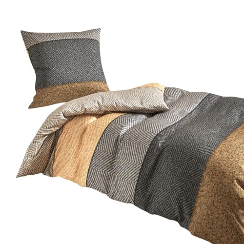 Traumschlaf kuschelig weiche Mako Satin Bettwäsche mit Streifenmotiv aus 100% Baumwolle mit Reißverschluss 200x200 cm + 2X 80x80 cm, braun