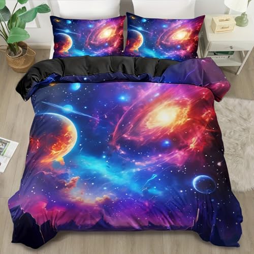 ZZTBQ Galaxie Serie Bettwäsche-Set für Kinder 135x200 2teilig Sternenhimmel Kinderbettwäsche 1 Bettbezug 135x200 cm + 1 Kissenbezüge 80X80 cm, Universum Weltraum Thema Kinder Bettwäsche-Sets